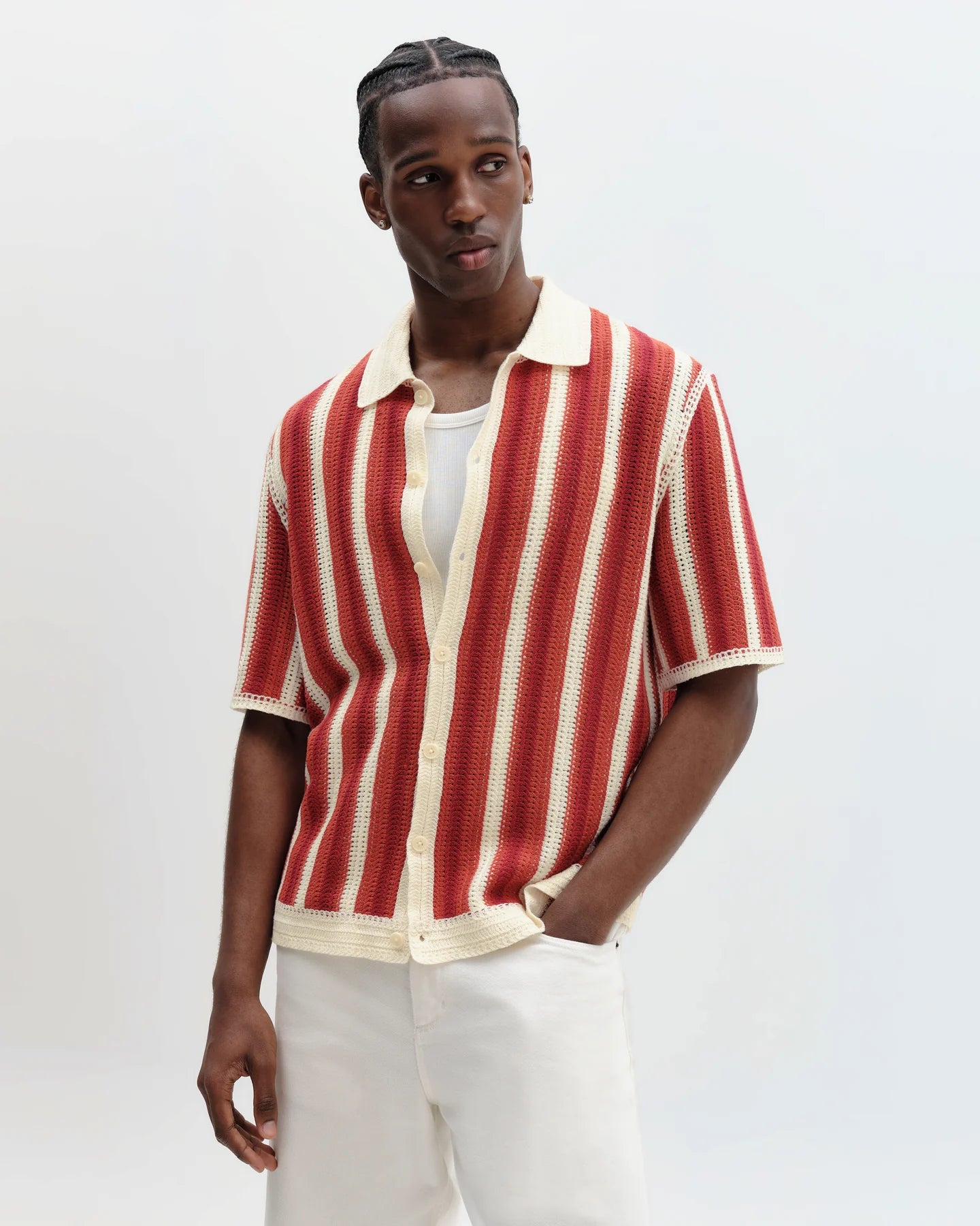 WAX London, Porto Stripe Crochet Knitted Shirt, Ecru & Orange