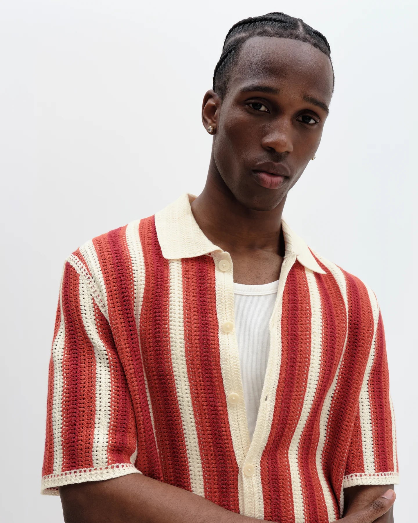 WAX London, Porto Stripe Crochet Knitted Shirt, Ecru & Orange