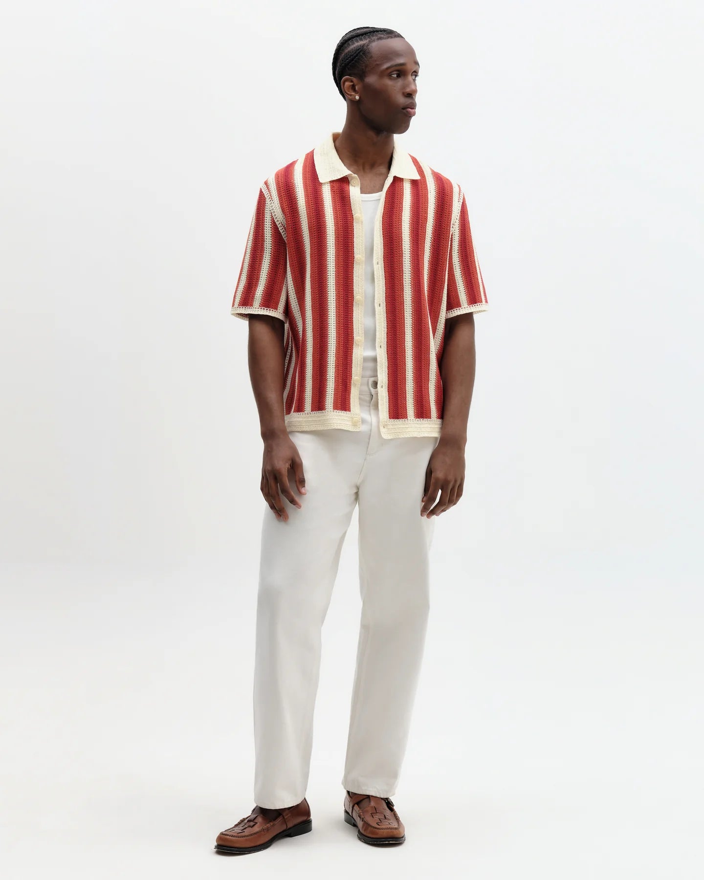 WAX London, Porto Stripe Crochet Knitted Shirt, Ecru & Orange