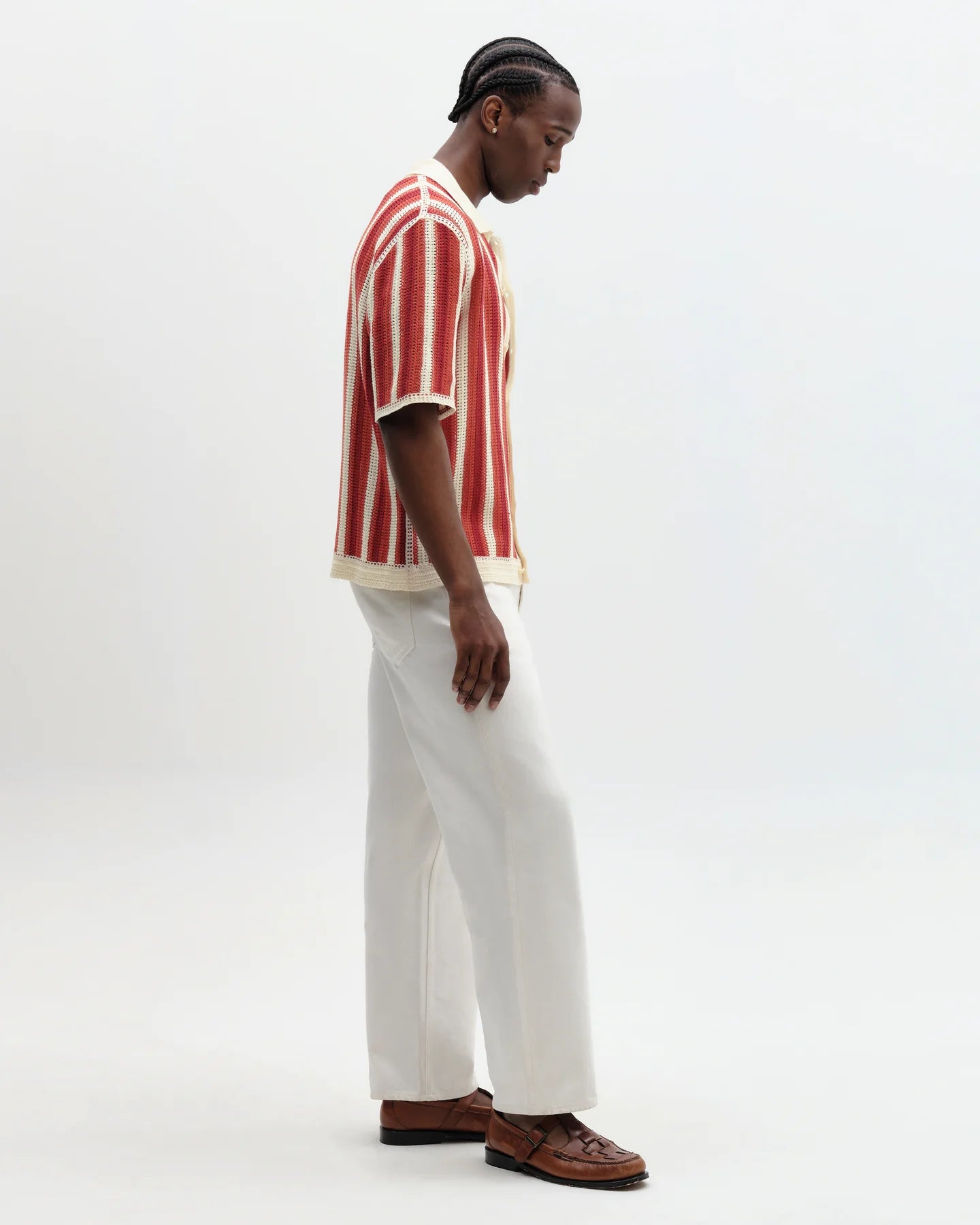 WAX London, Porto Stripe Crochet Knitted Shirt, Ecru & Orange