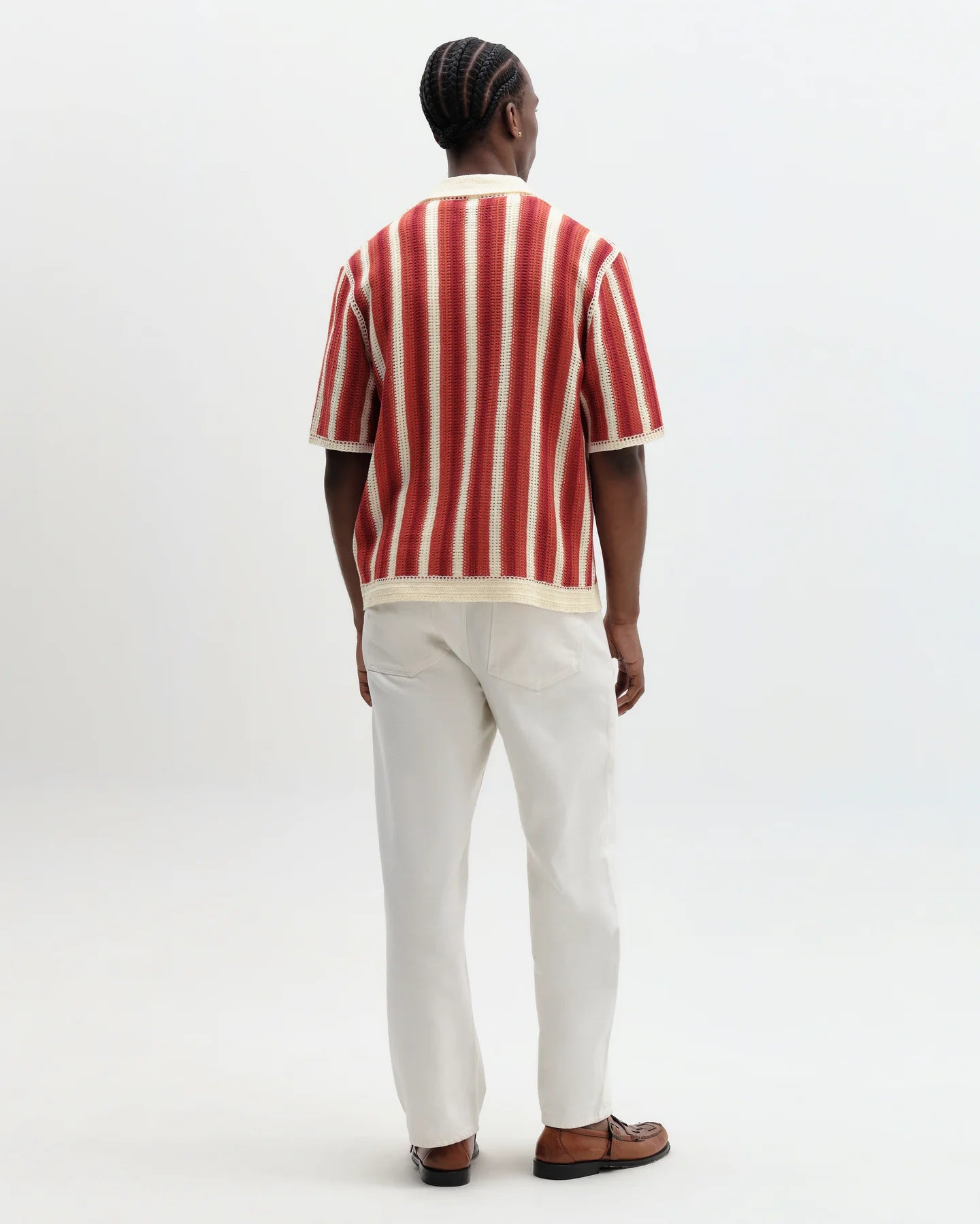WAX London, Porto Stripe Crochet Knitted Shirt, Ecru & Orange