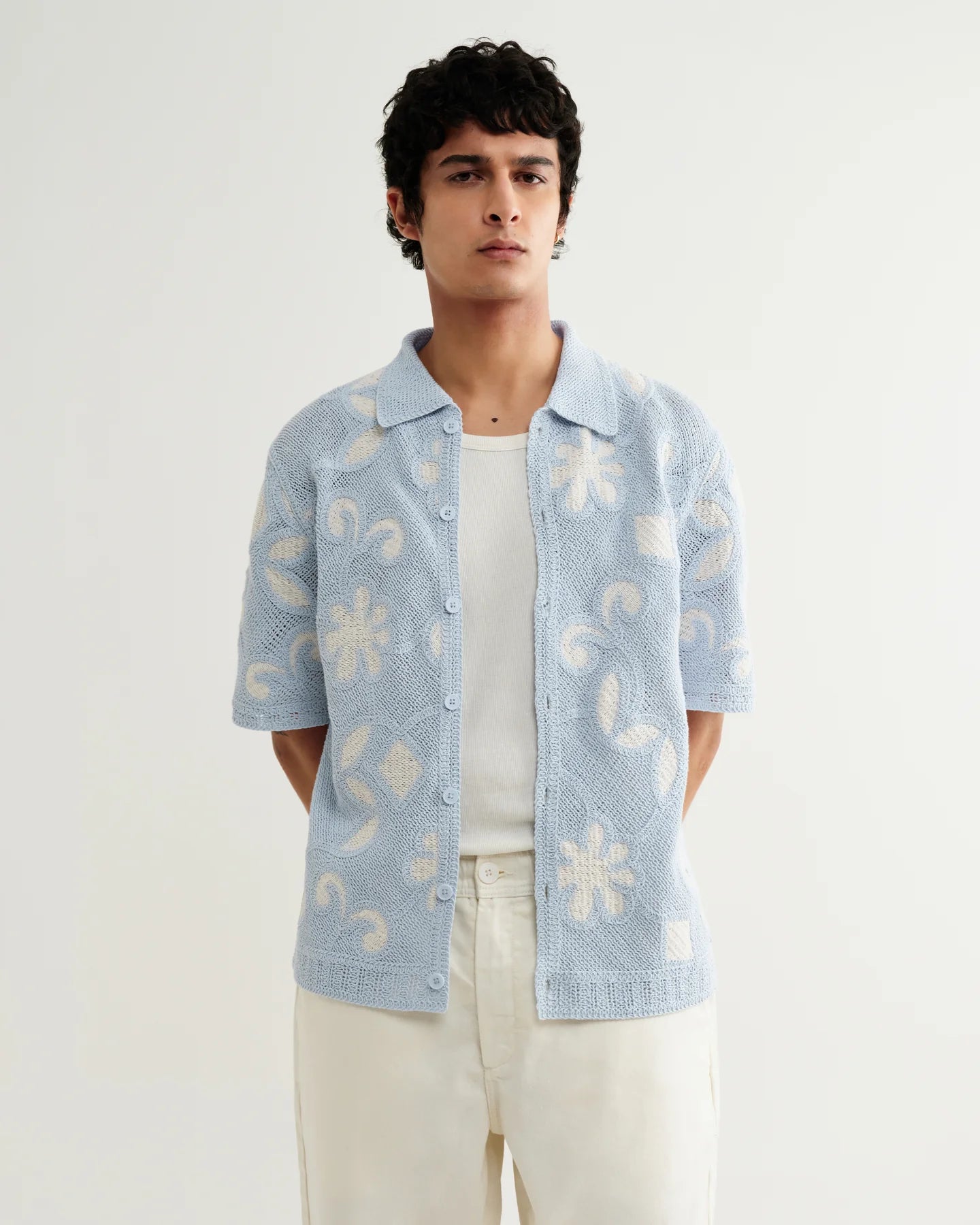 WAX London, Porto Doodle Crochet Knitted Shirt, Blue