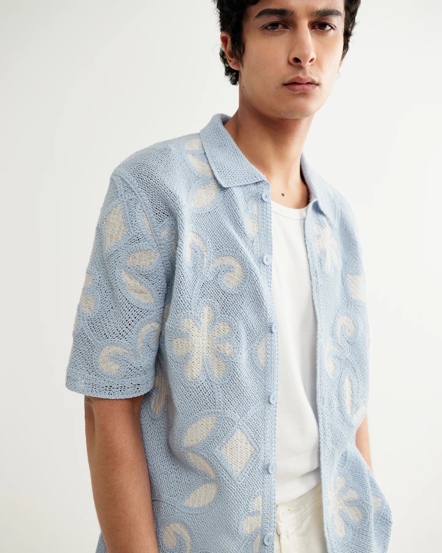 WAX London, Porto Doodle Crochet Knitted Shirt, Blue