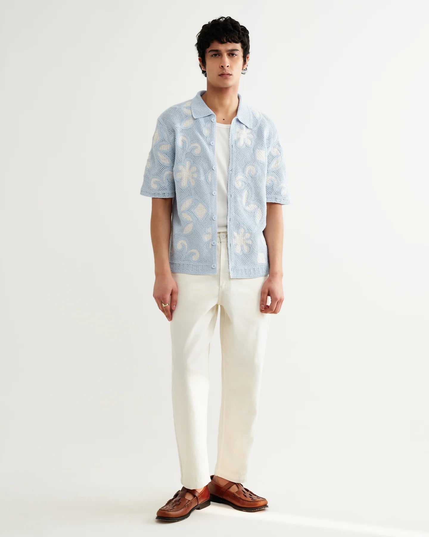 WAX London, Porto Doodle Crochet Knitted Shirt, Blue