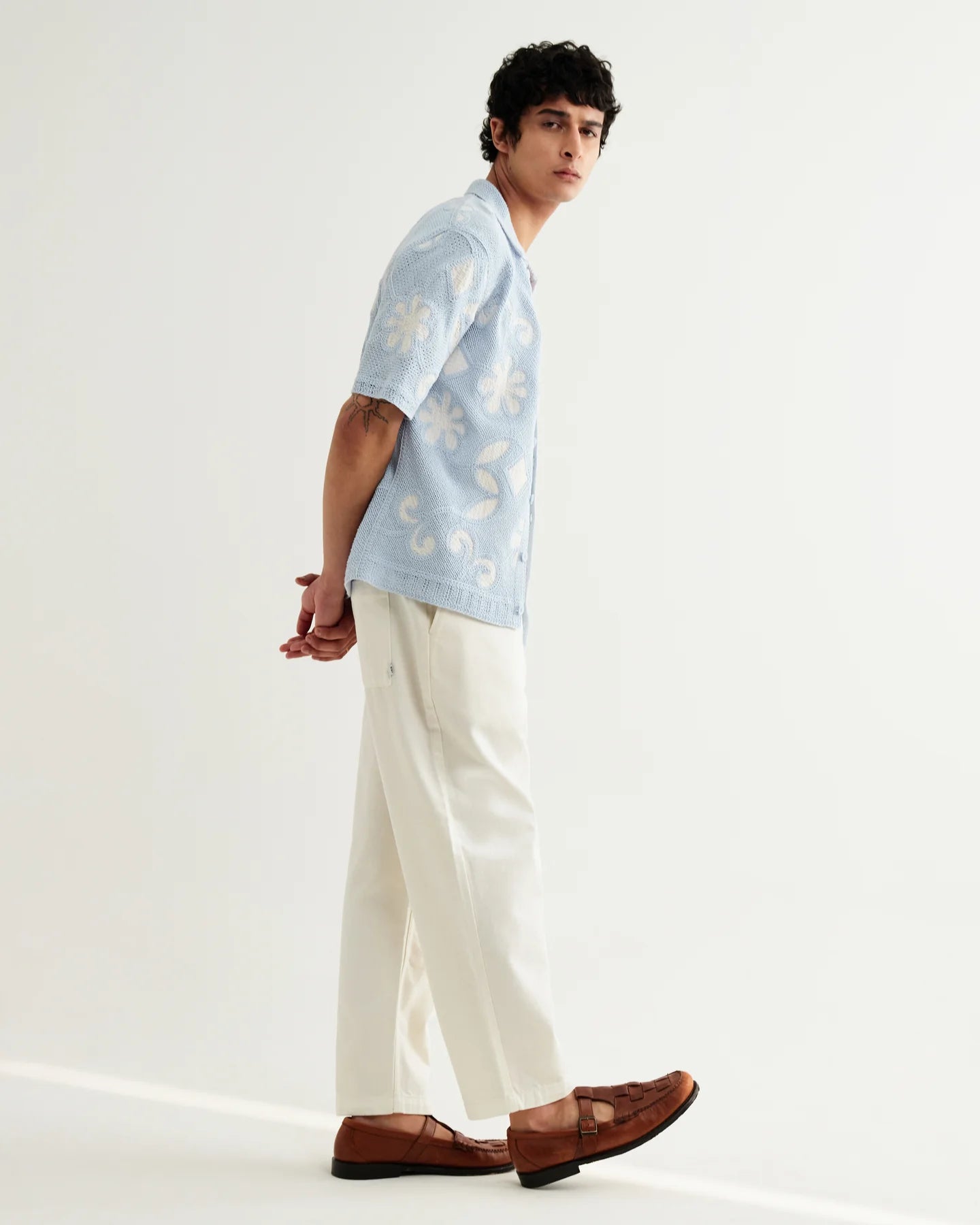 WAX London, Porto Doodle Crochet Knitted Shirt, Blue