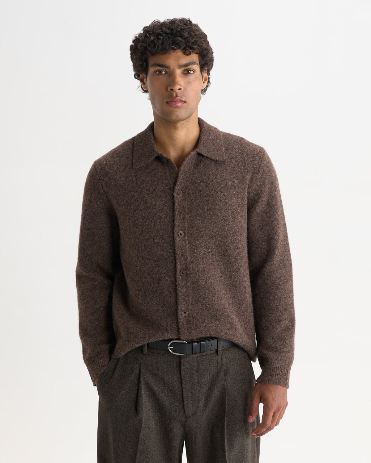WAX London, Tristan Fluffy Long-Sleeve Knitted Polo, Brown
