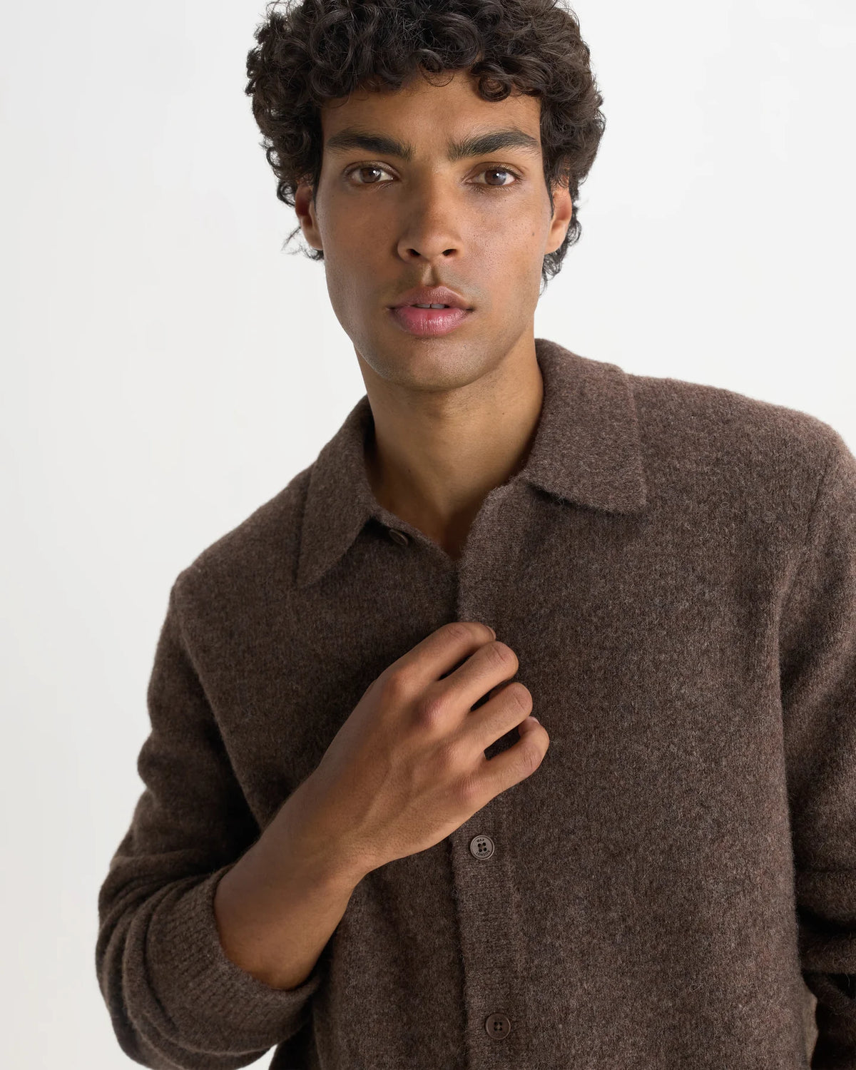 WAX London, Tristan Fluffy Long-Sleeve Knitted Polo, Brown