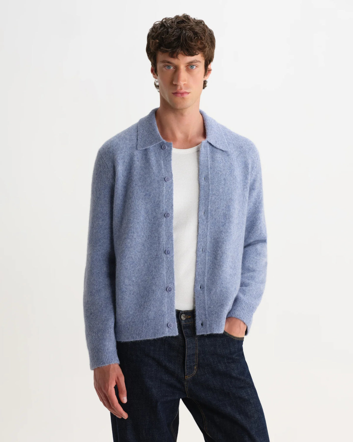 WAX London, Tristan Fluffy Long-Sleeve Knitted Polo, Blue