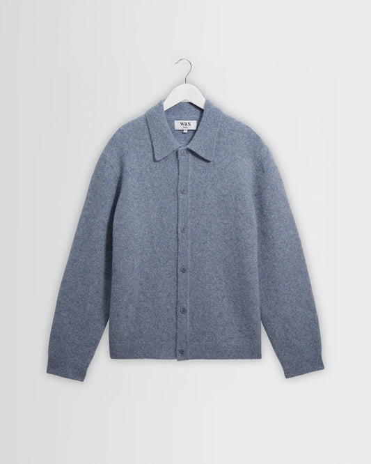WAX London, Tristan Fluffy Long-Sleeve Knitted Polo, Blue